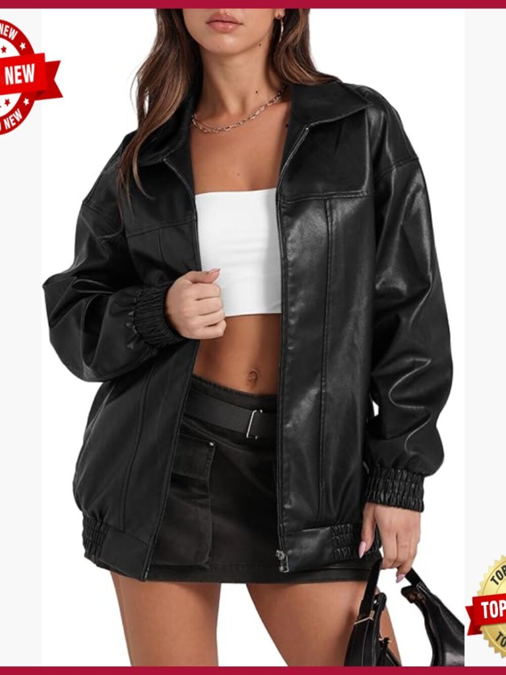 Oversized Faux Leather Bomber Jacket Motorcycle Style Long Sleeve